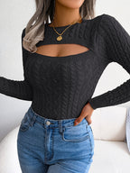 Women'S Sexy Hollow-Out Knit Pullover Sweater, Long Sleeve Crew Neck, Skinny Fit, Acrylic Blend (Polyester 28%, Polyamide 22%, Viscose 28%), High Stretch Fabric, Solid Color, Spring/Fall Fashion Top